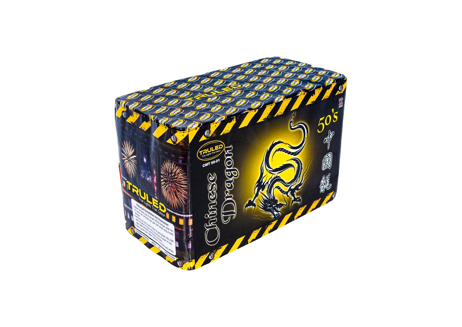 Box of fireworks with black-yellow hazard stripes and a dragon illustration on the side, fireworks graphics on the front panel