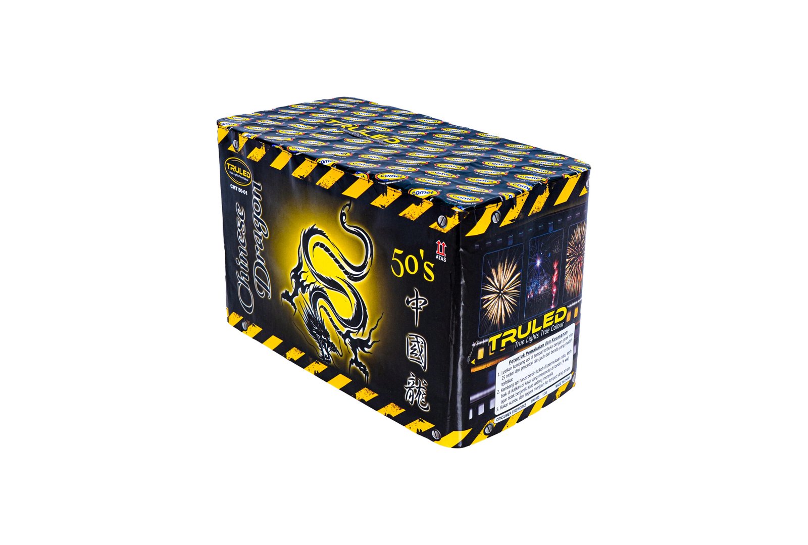 Boxed fireworks product with bold black-and-yellow design, hazard stripes, and branding visible on the packaging.