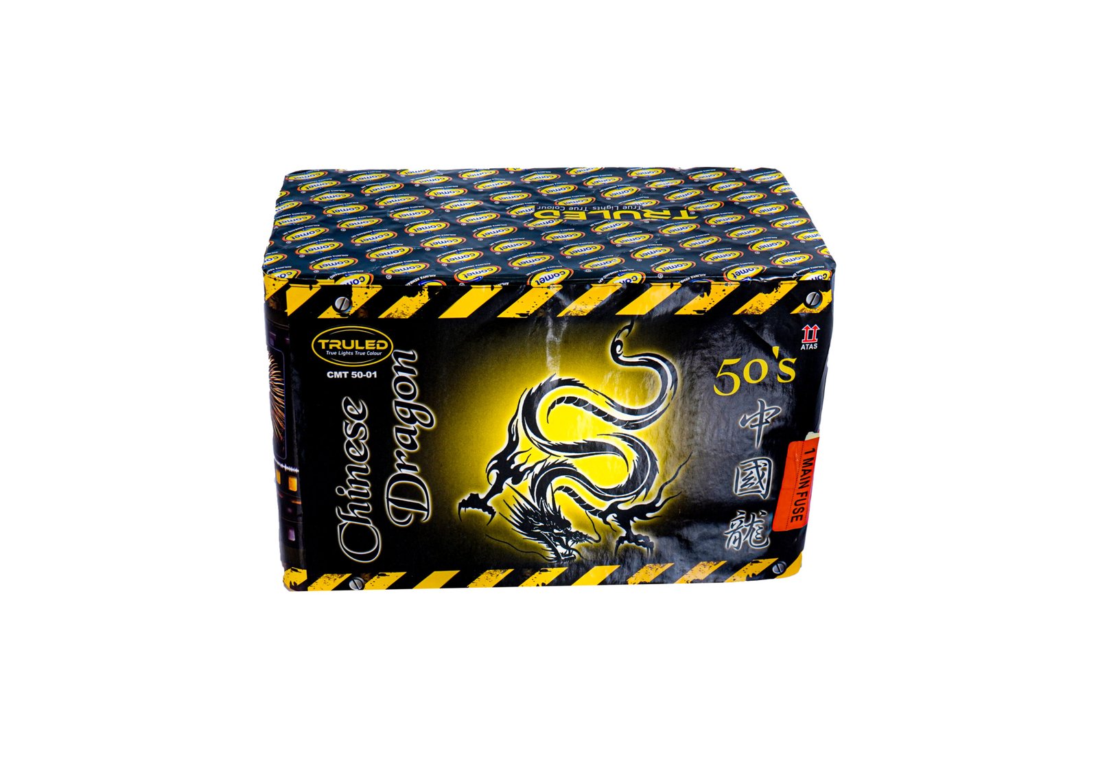 Box of Chinese fireworks with black-and-yellow hazard stripes and a yellow dragon graphic on the front; text includes '50's' and logos on the packaging.