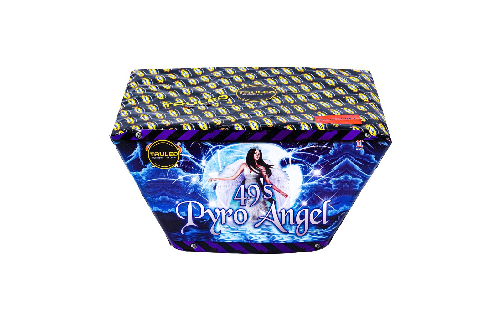 Fireworks packaging with a blue angel illustration and the text ‘Pyro Angel’ on the front panel.