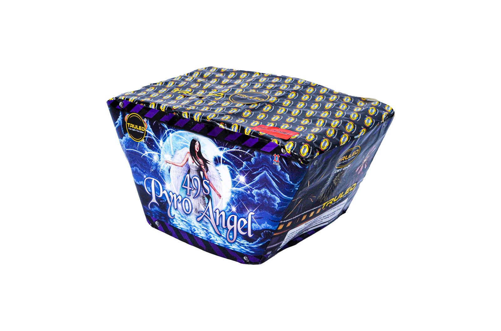 Large rectangular fireworks box wrapped in dark blue paper with angel artwork and '40s Pyro Angel' text visible on the front.
