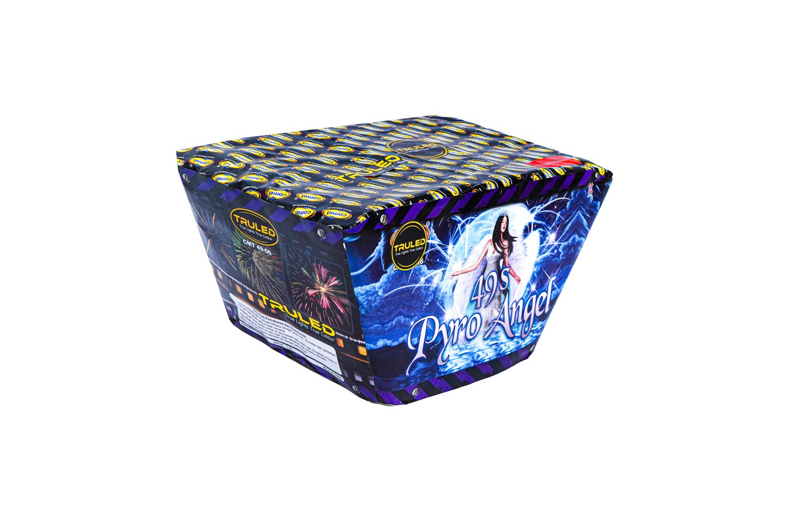 Boxed fireworks product with blue artwork and the text 'Pyro Angel' across the front.