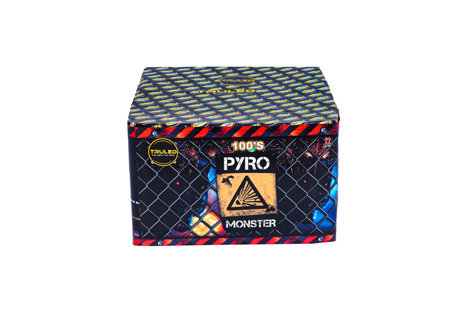 Rectangular fireworks box with red diagonal tape, warning label, and a hazard triangle on a dark patterned background