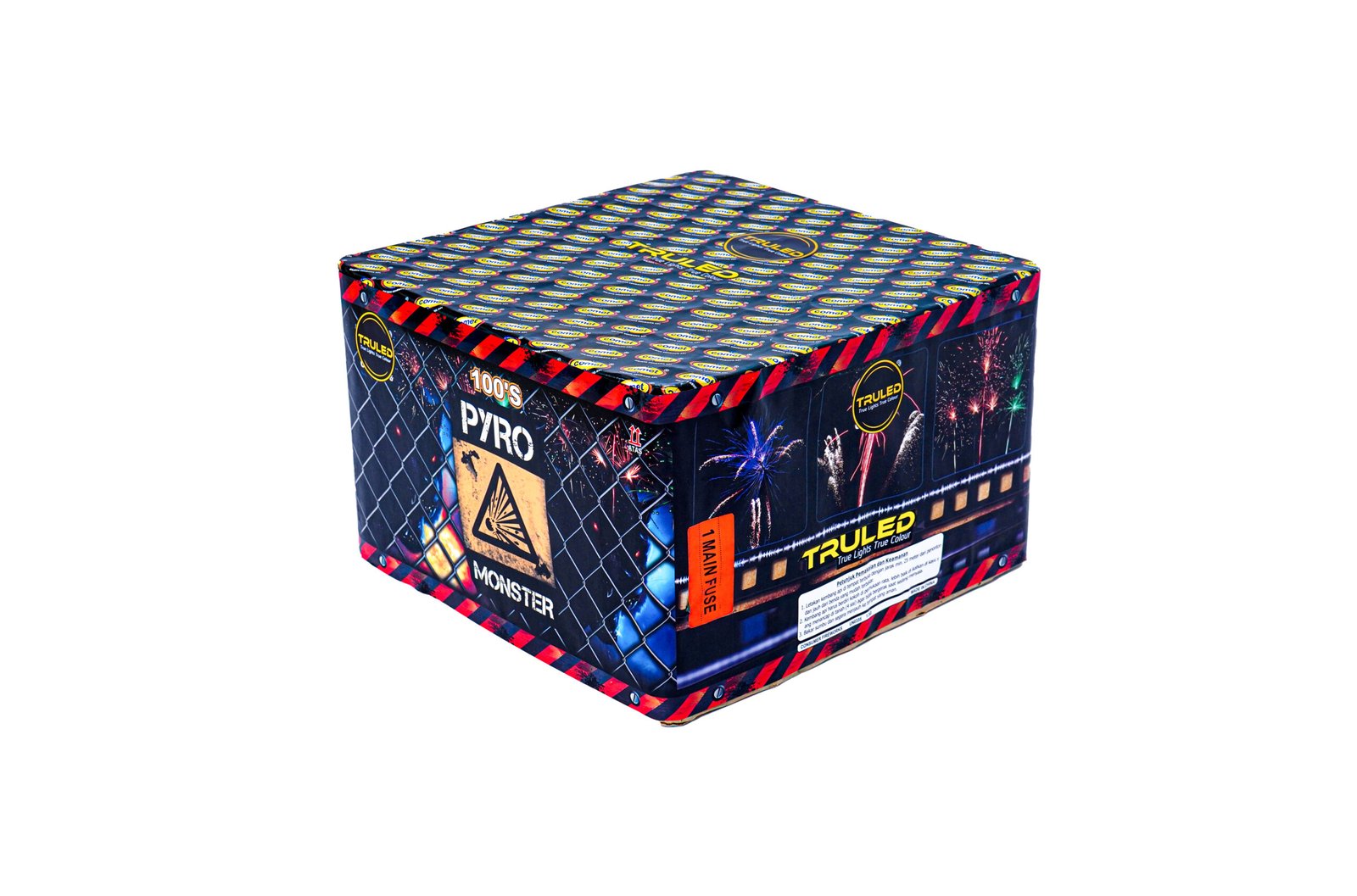 Box of fireworks with blue patterned wrap, red striped border, and fireworks graphics on the sides (brand TrueLED).