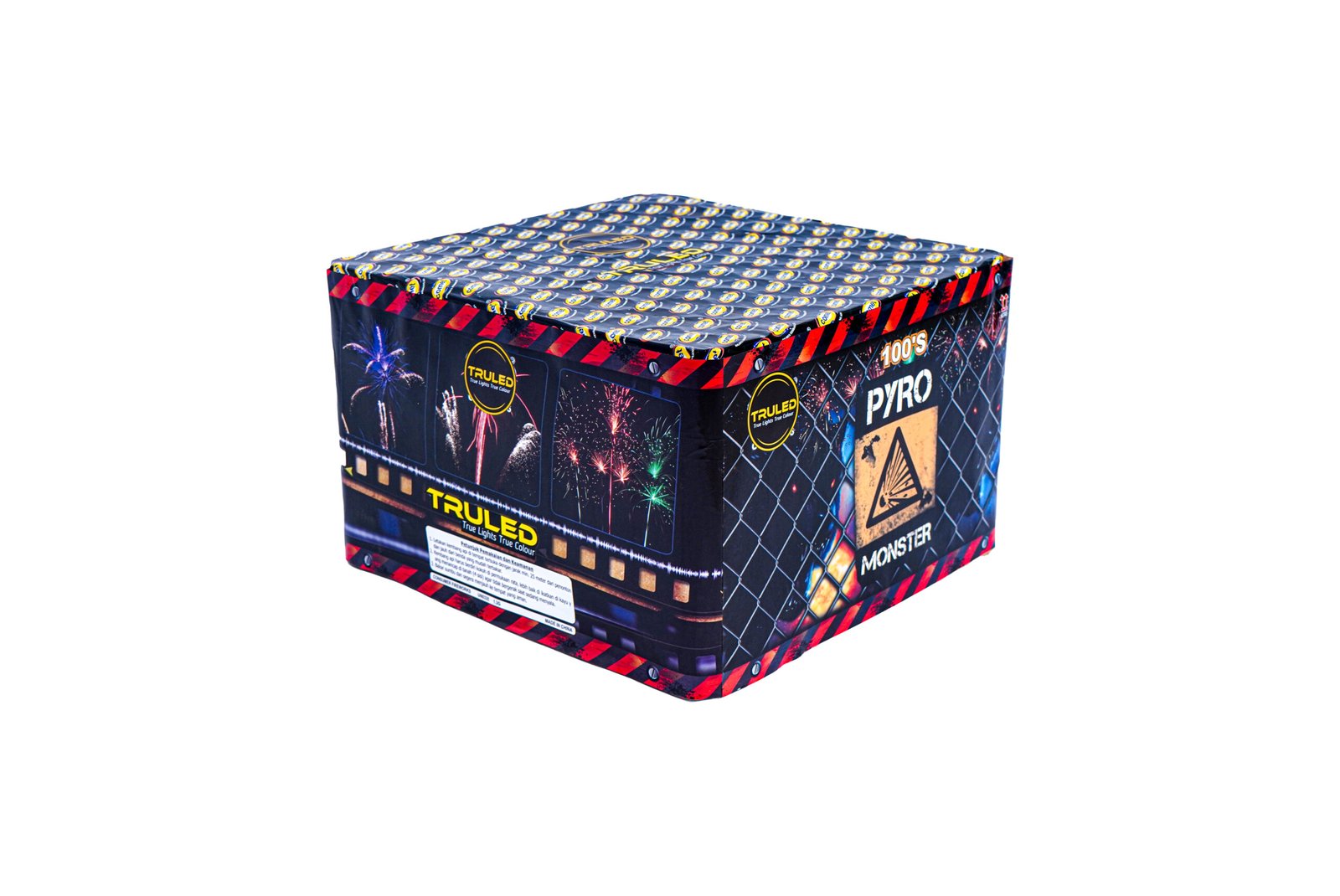 Closed fireworks box with blue and red graphic wrap and warning label on the side, ready for use