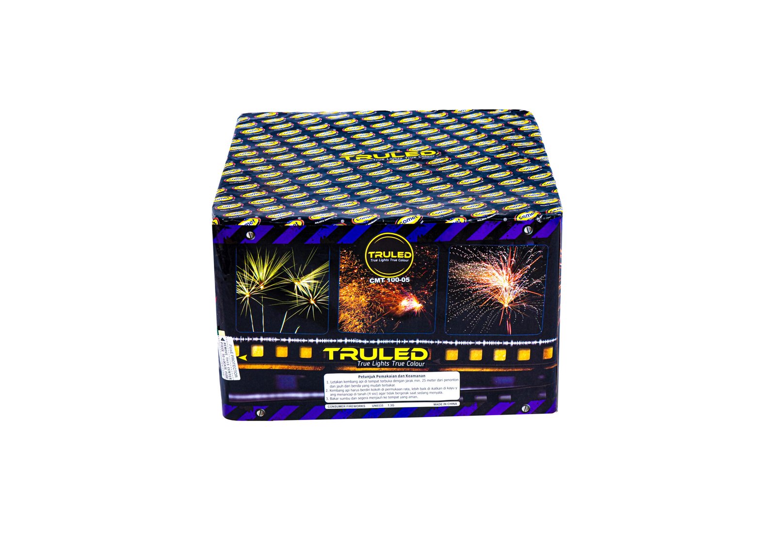 Boxed fireworks product with blue and purple graphics and photos of bursting fireworks on the front, branding reads 'TRUE LIGHTS TRUE COLOUR'.