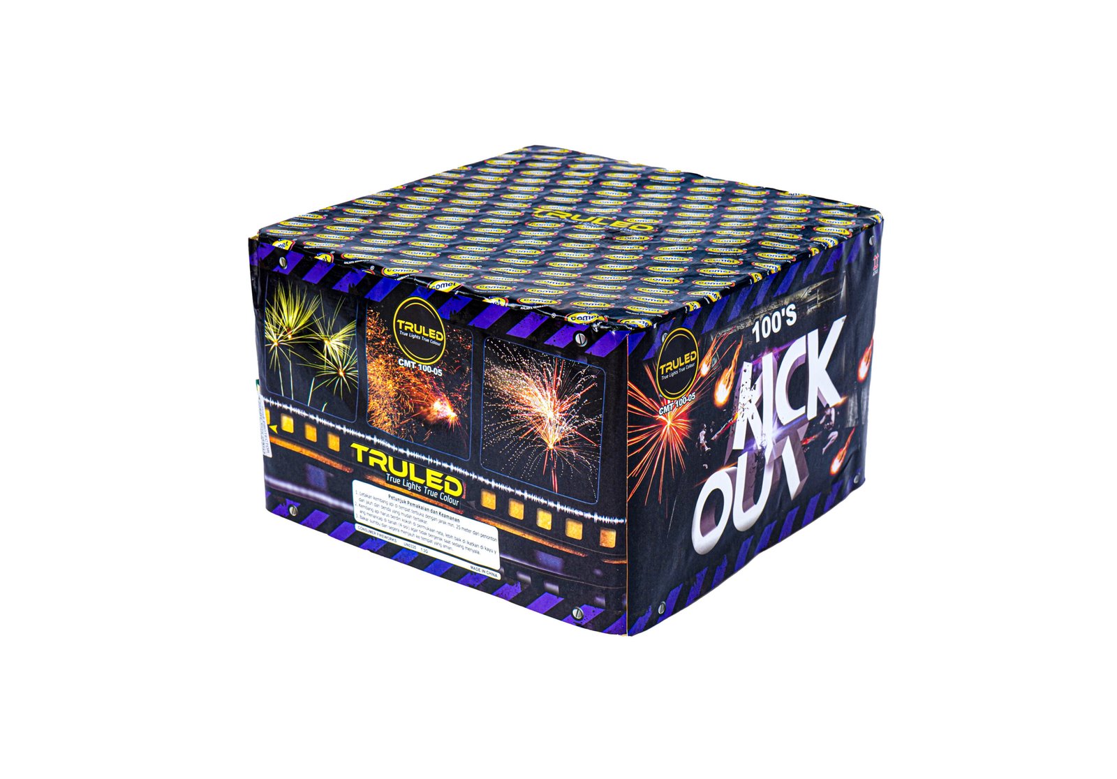 Box of fireworks packaging with bright explosion graphics on a dark blue box and top surface design looing colorful and bold.