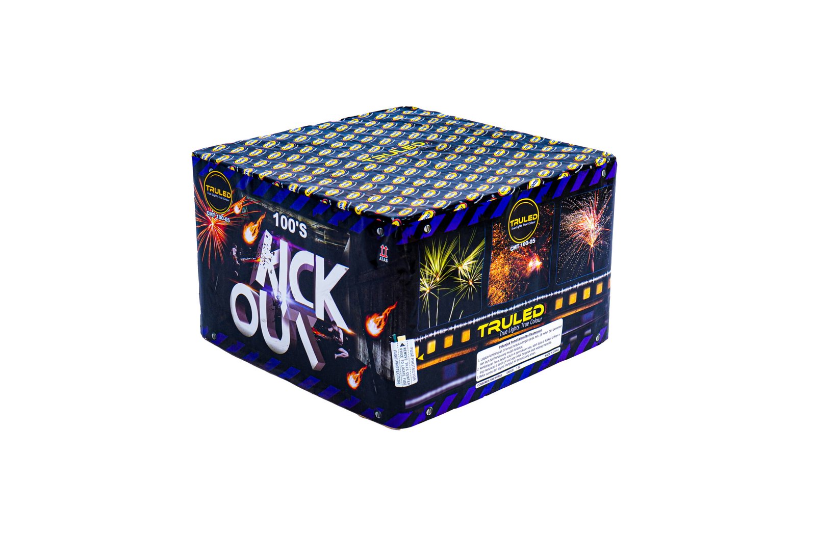Large fireworks box wrapped in blue packaging with yellow logo patterns and firework explosions on the sides, set against a white background.
