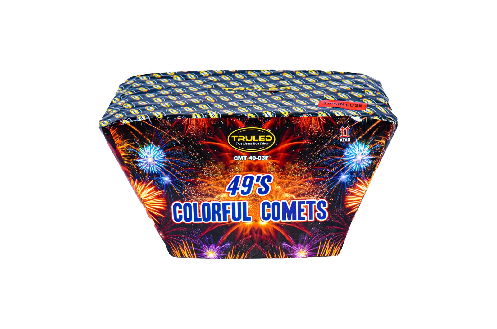 Fireworks cake packaging with bright fireworks graphics and the text 'Colorful Comets'.