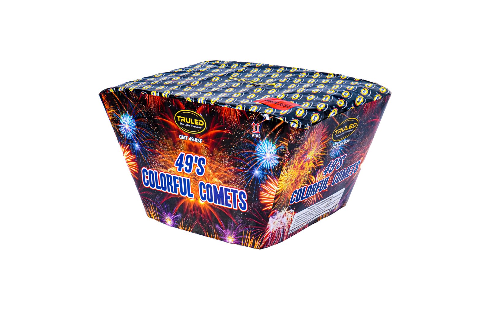 Fireworks cake box with colorful rocket graphics and the text “49s Colorful Comets.”