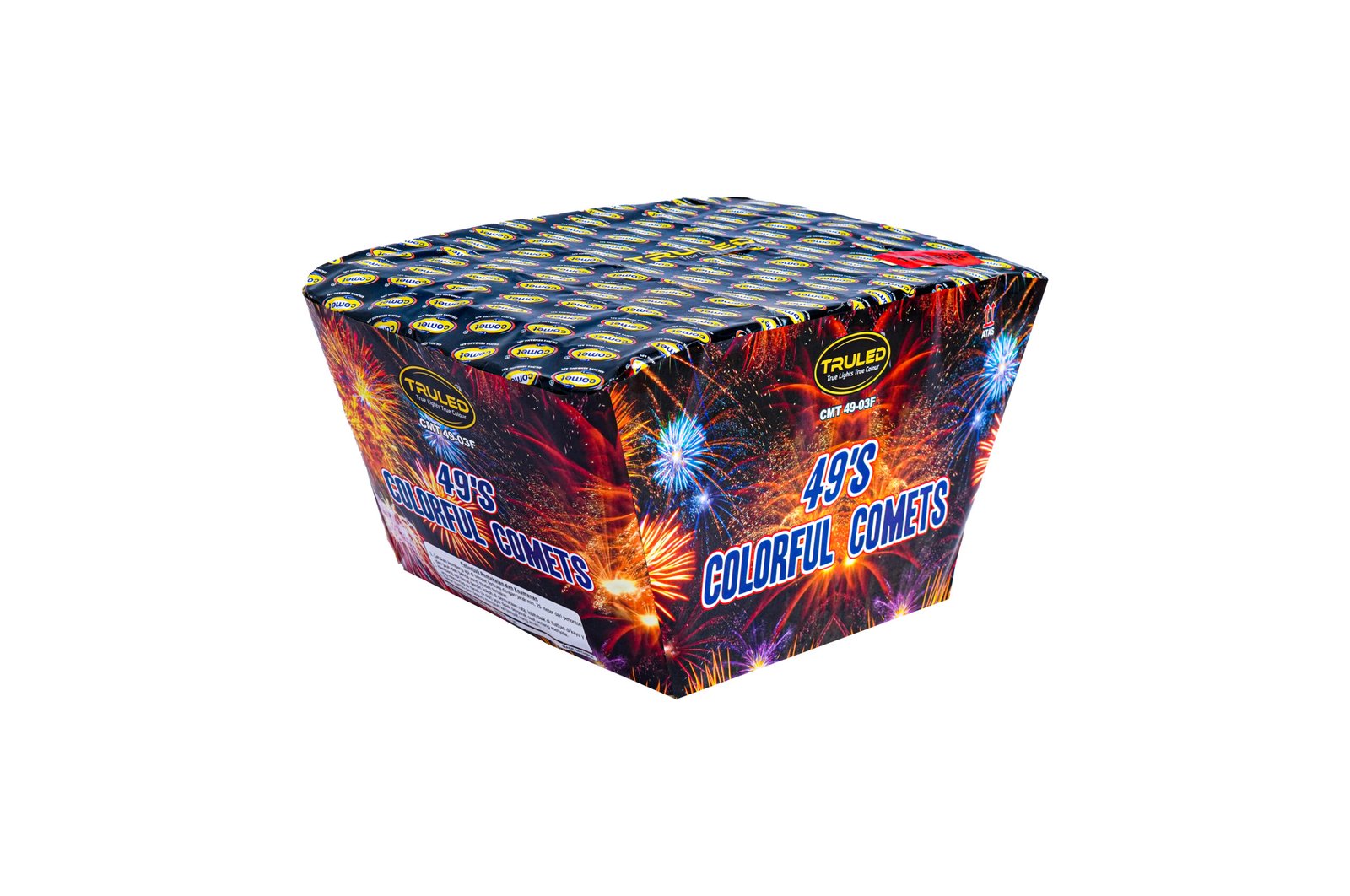 Box of fireworks labeled 'Colorful Comets' with vibrant fireworks graphics and multiple small logo stickers on the top surface.