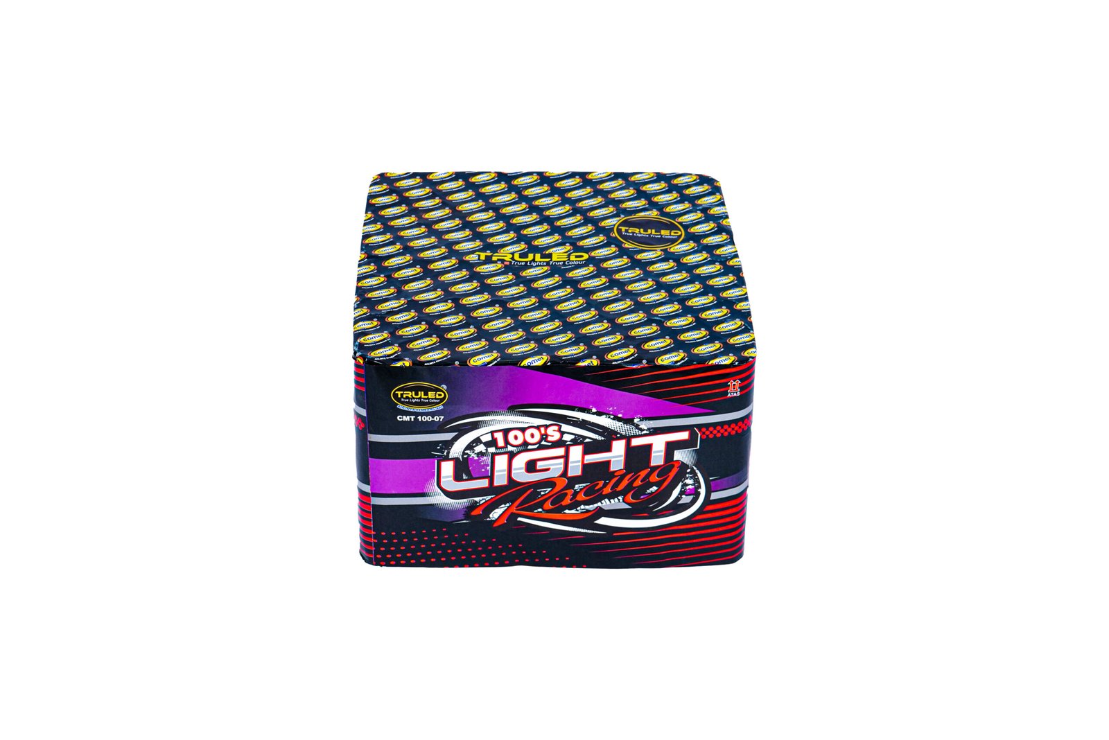 Box of 100's Light Racing burning flavor, packaging with purple/black design and repeated yellow logos
