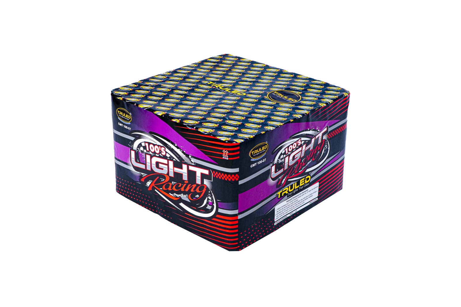 Colorful fireworks box with purple and black graphics, branded '100's Light Racing' on the front. - Informative product packaging description