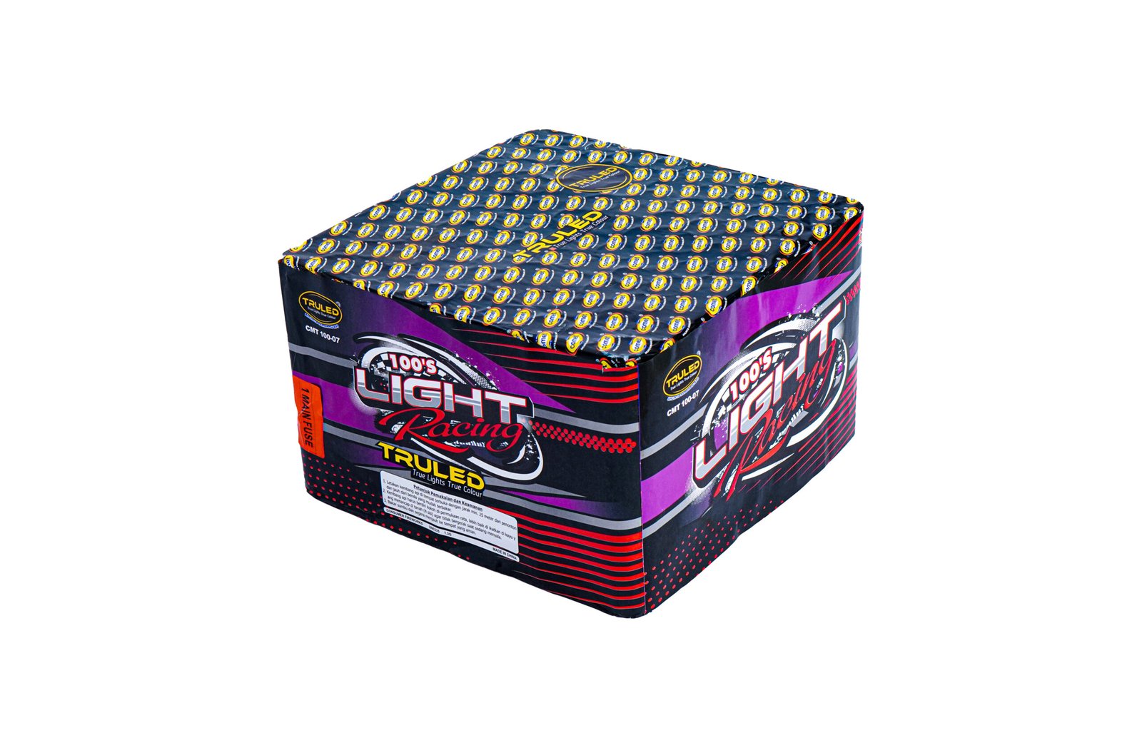 Large rectangular box of fireworks with bold purple/black graphics and '100's Light Racing' branding on the side and top.