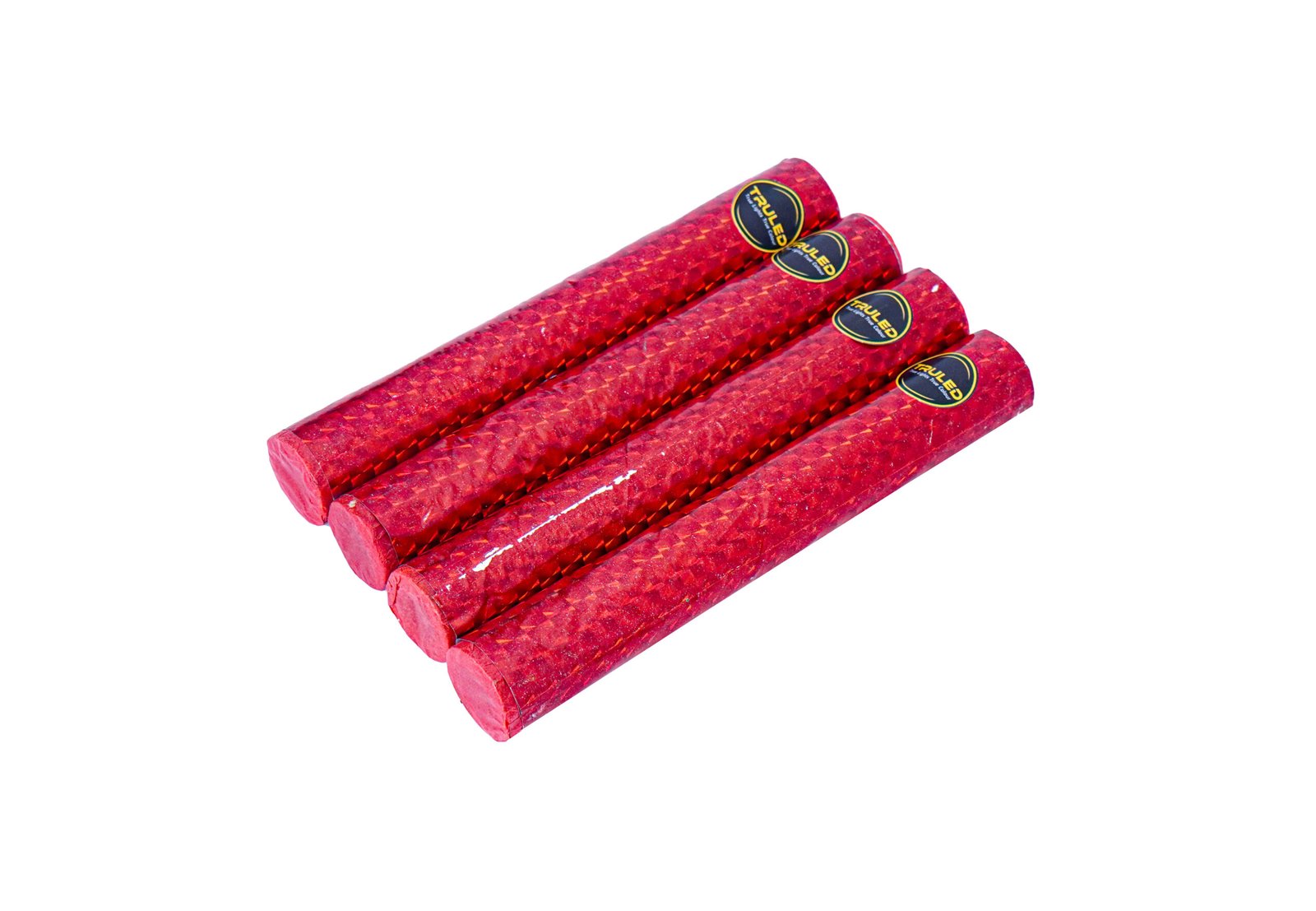 Three red textured party popper tubes arranged diagonally on a white background.