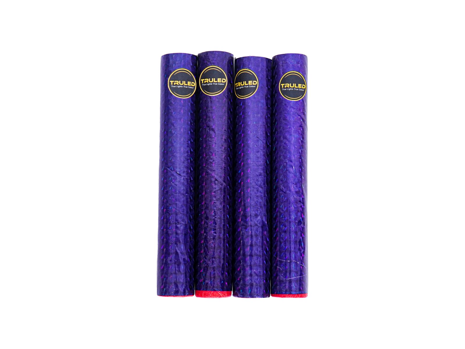 Four purple LED light tubes with yellow TruLED logos, standing upright on a white background.