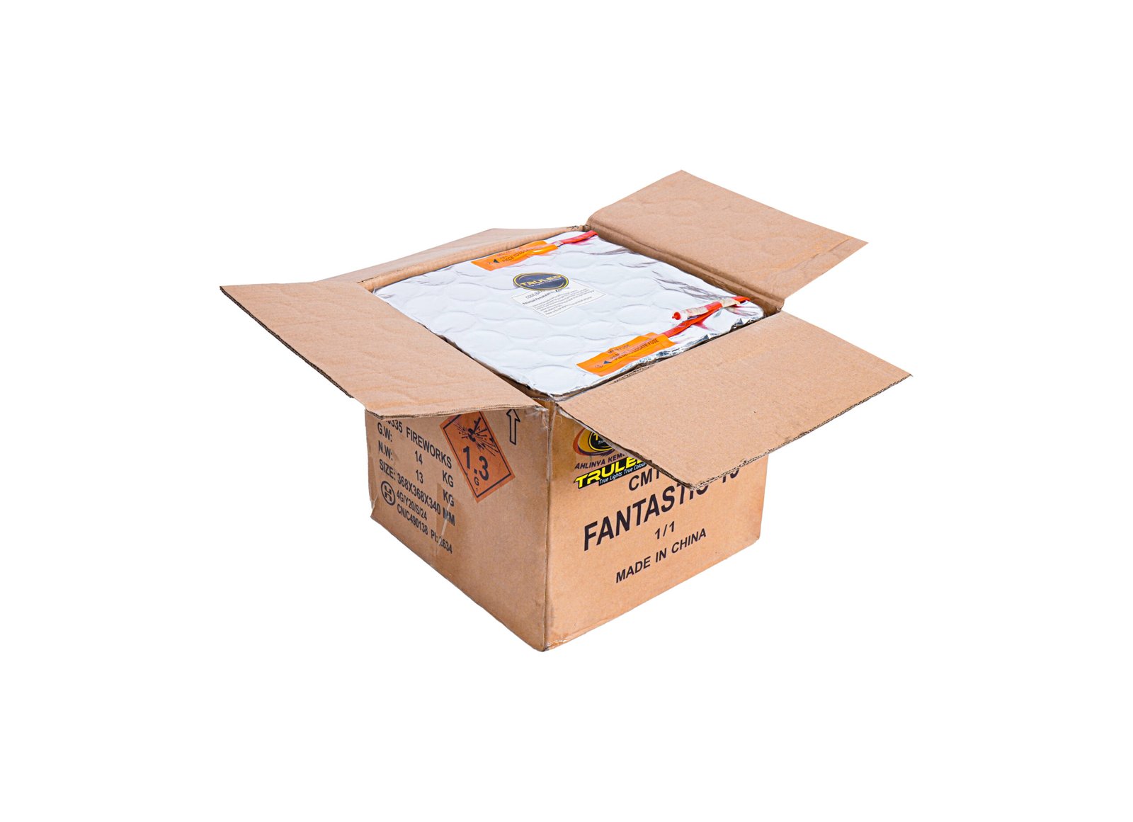 Open cardboard shipping box with a silver foil-lined inner package visible inside, and orange labels on the liner.