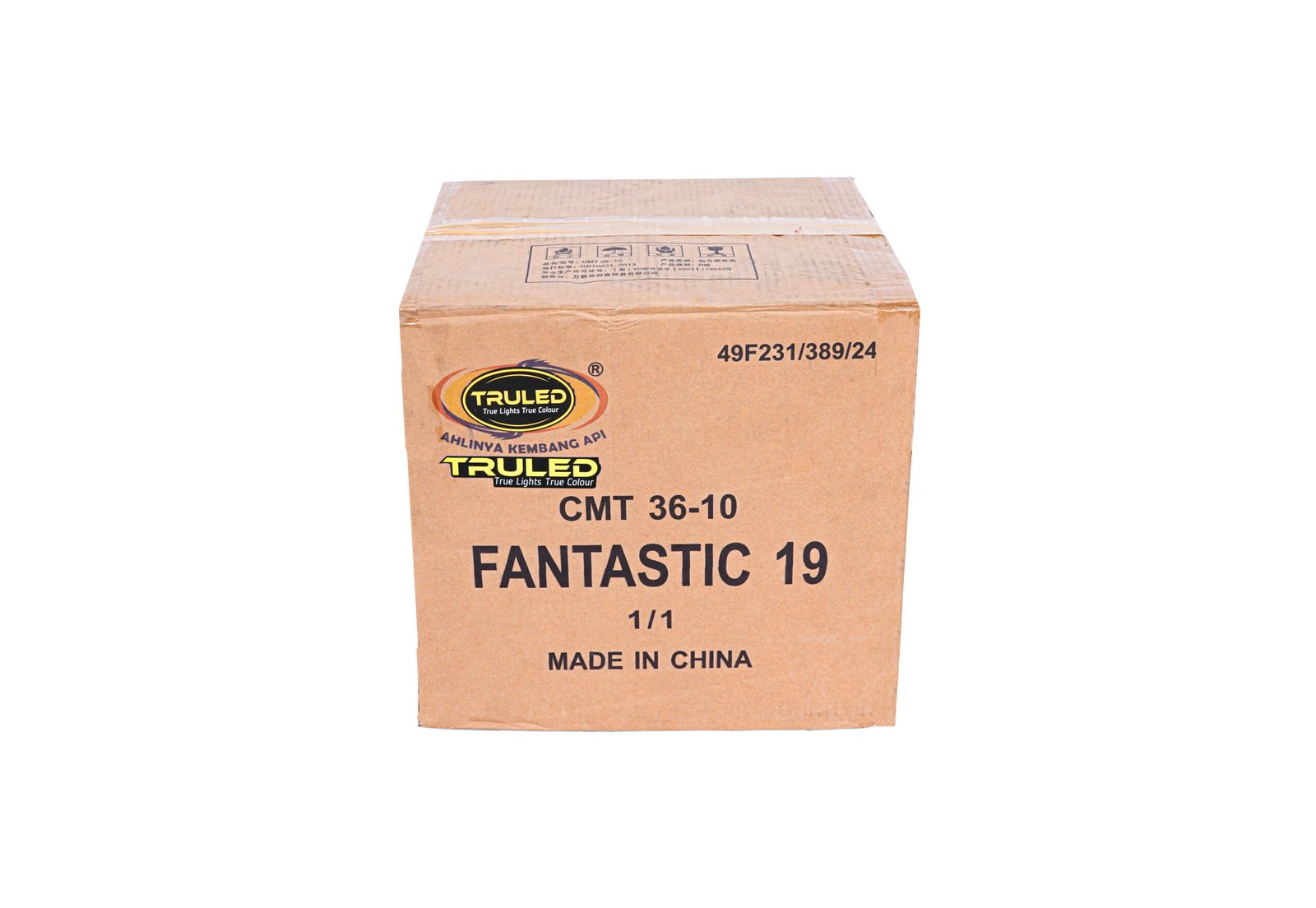 Brown cardboard shipping box featuring the TrueLED logo and the label 'FANTASTIC 19' (made in China).