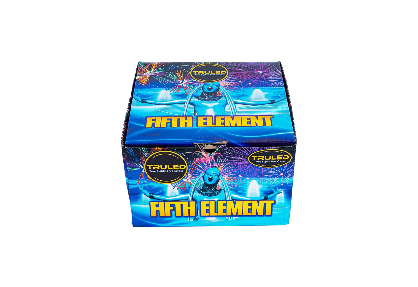Colorful fireworks packaging labeled 'FIFTH ELEMENT' with a blue figure and burst graphics, on a blue box (brand TRULED).