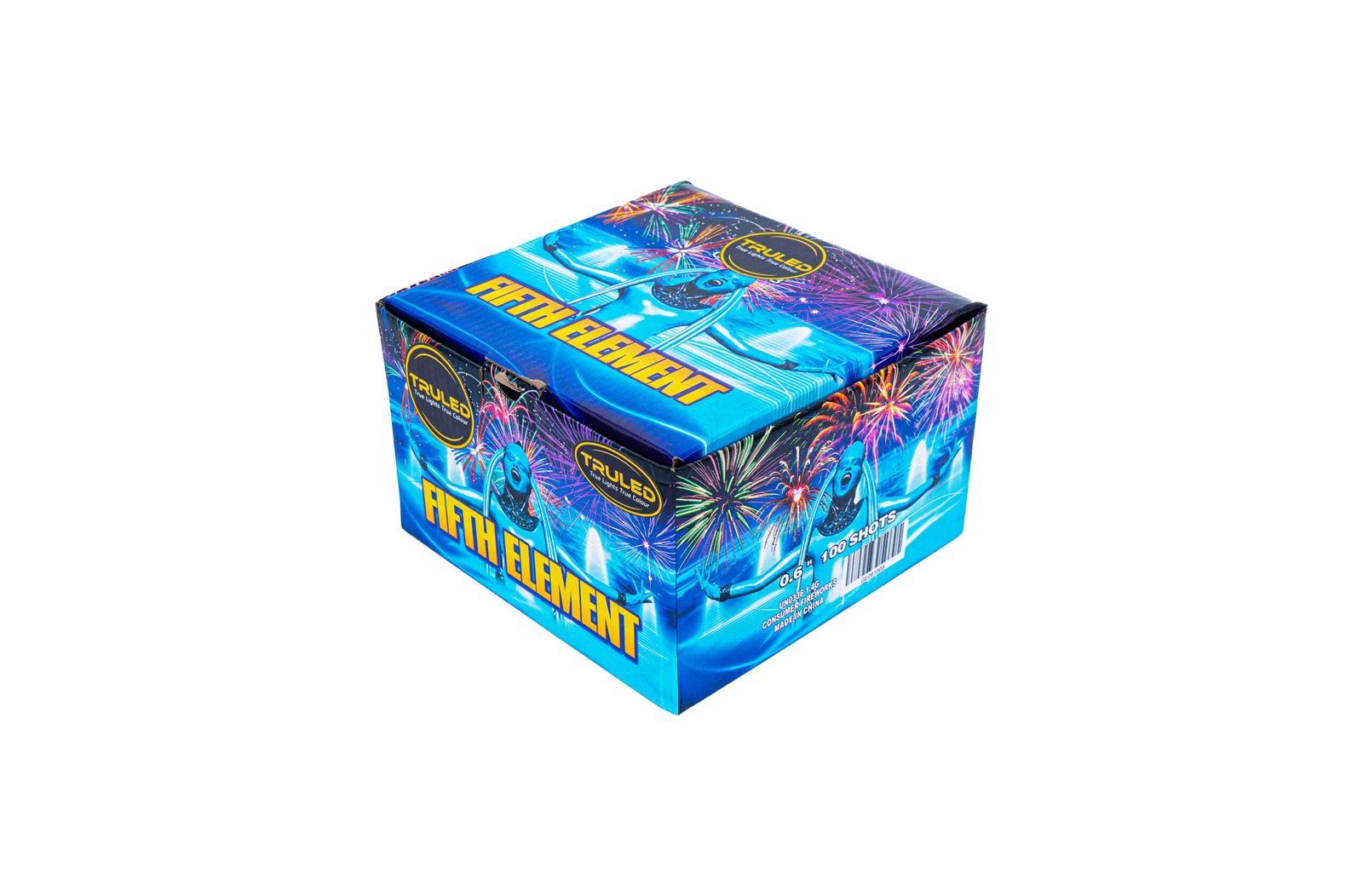 Colorful fireworks box with bold 'FIREWORKS' lettering and blue, orange graphics on a bright design.