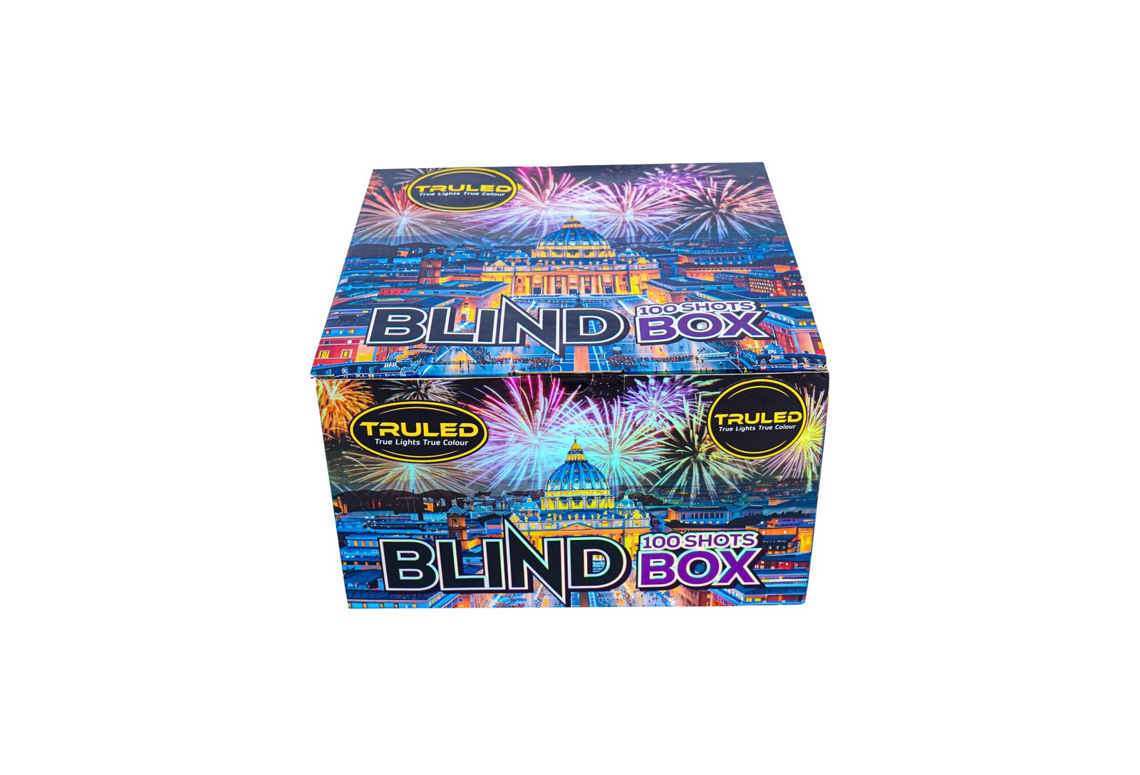 Colorful fireworks-themed blind-box packaging with bold 'BLIND BOX' text and a TRULED logo nearby.