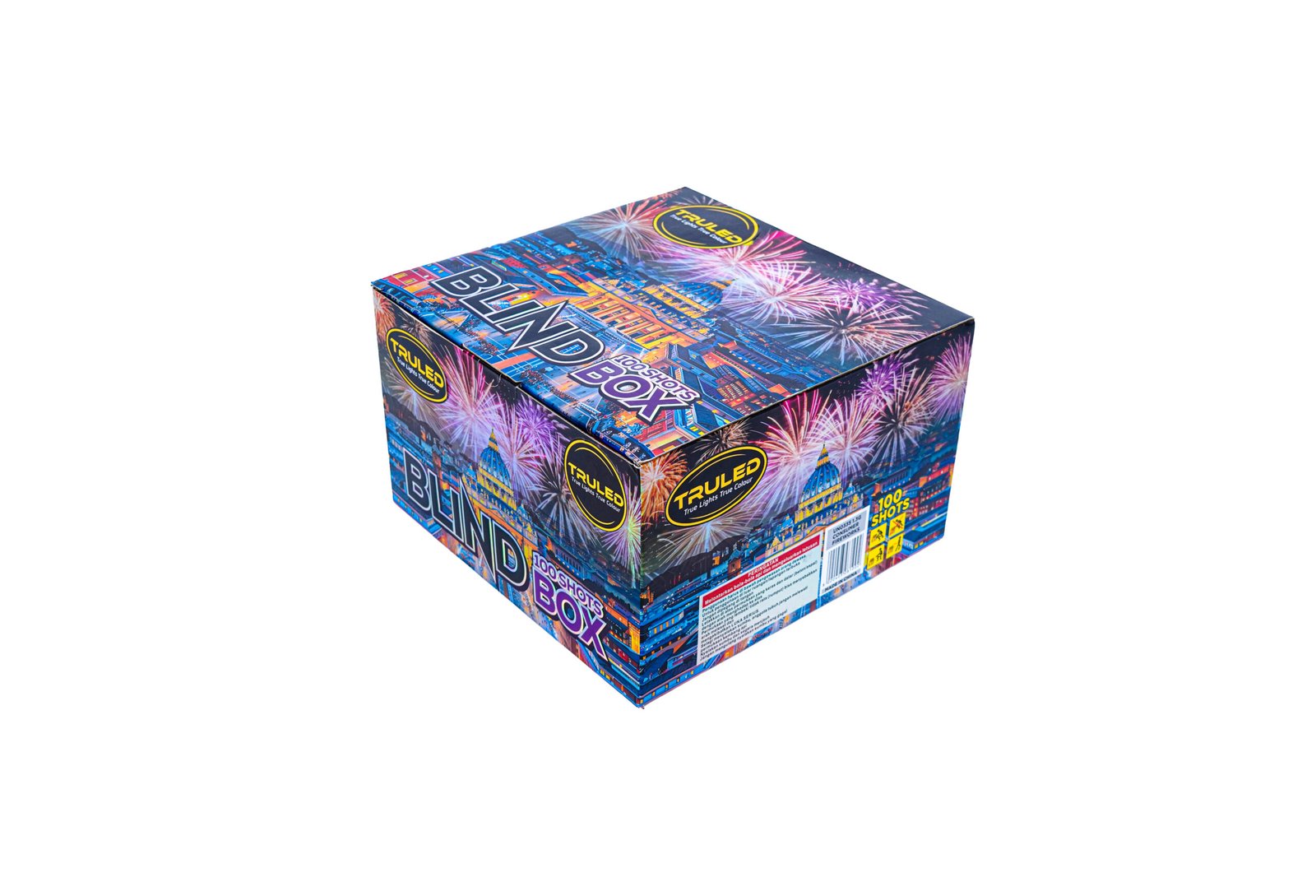 Colorful fireworks-themed box with a city skyline and the words 'BLIND BOX' on the packaging.