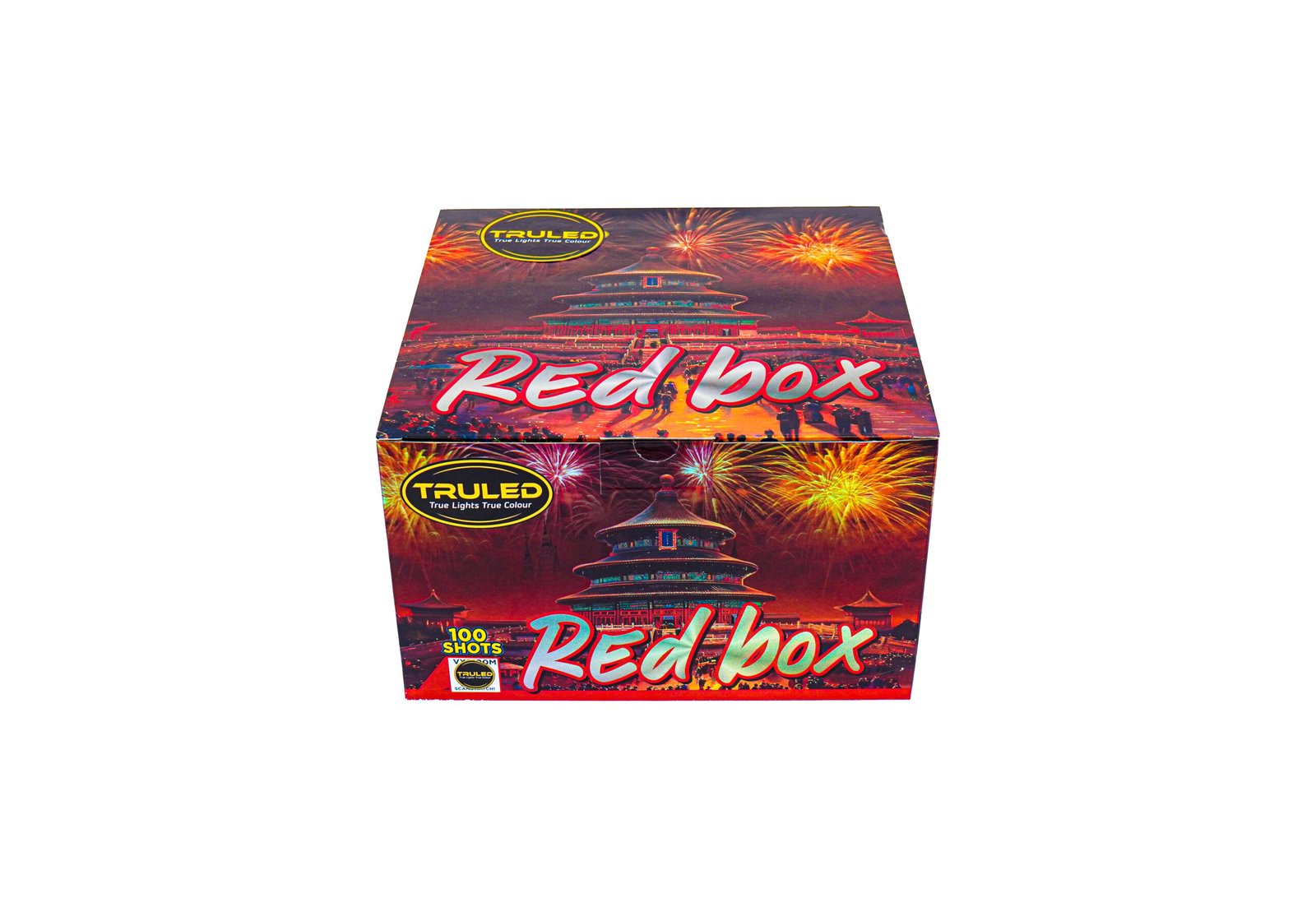 Colorful fireworks box labeled Red Box with a pagoda and fireworks in the background.