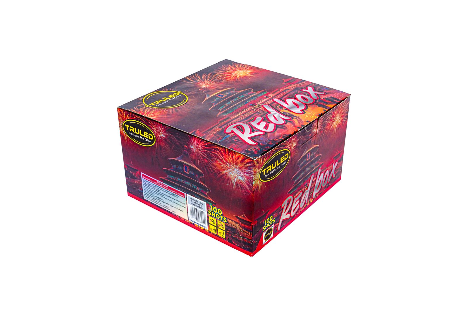 Redbox fireworks box showing fireworks graphics and TruLED logos, with 100 shots noted on the packaging
