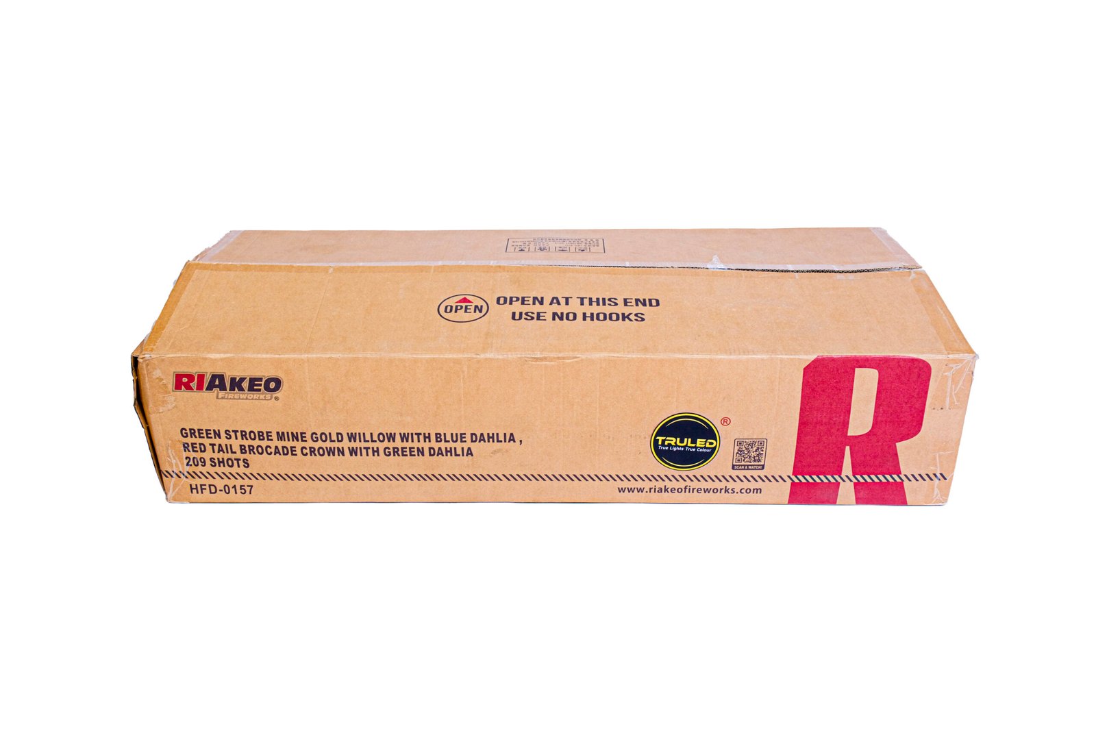Cardboard shipping box with bold red graphics on the side, and the label 'OPEN AT THIS END USE NO HOOKS' printed on the top surface.