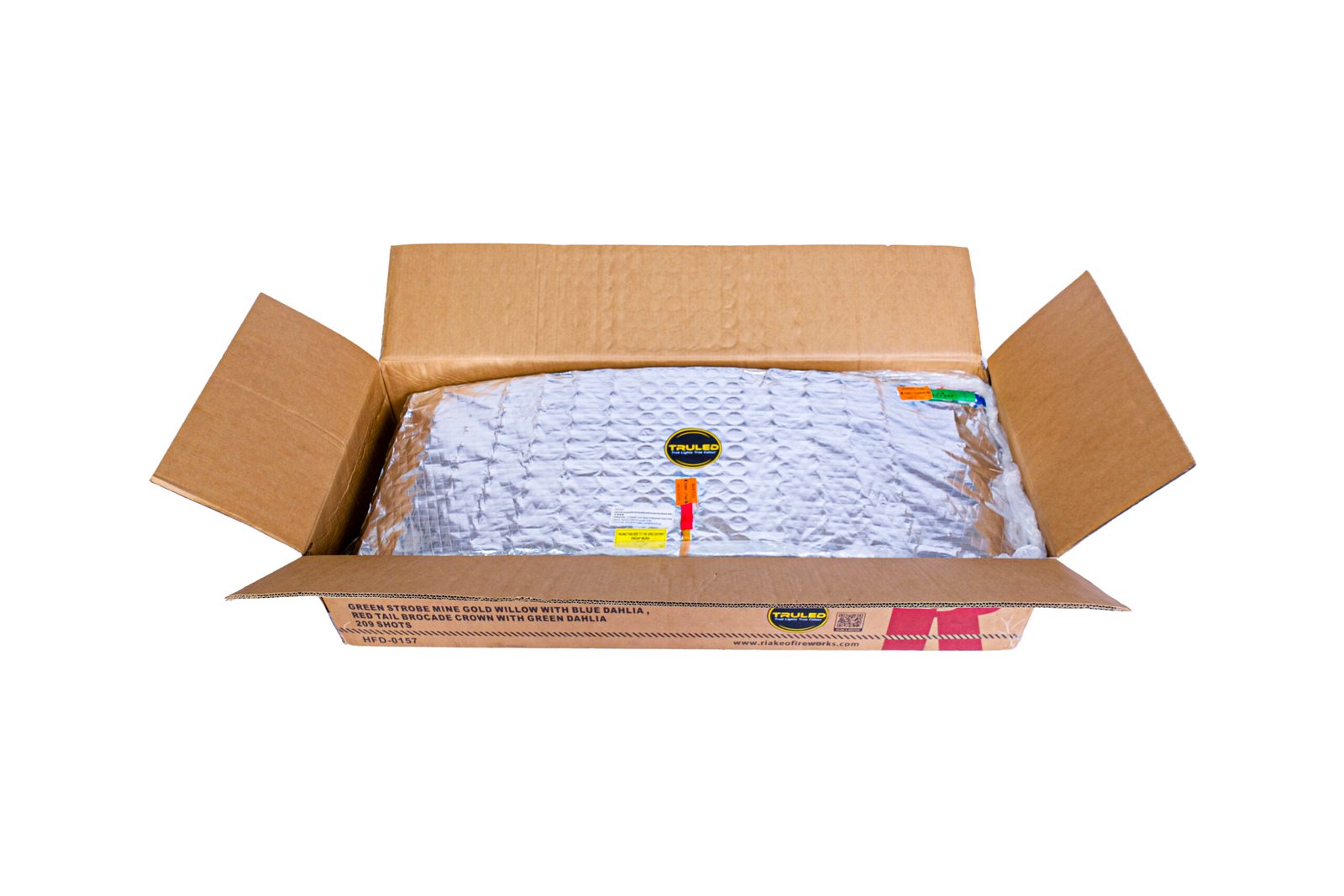Open cardboard shipping box containing a silver bubble-wrapped item with orange labels on the wrap and box edges visible.