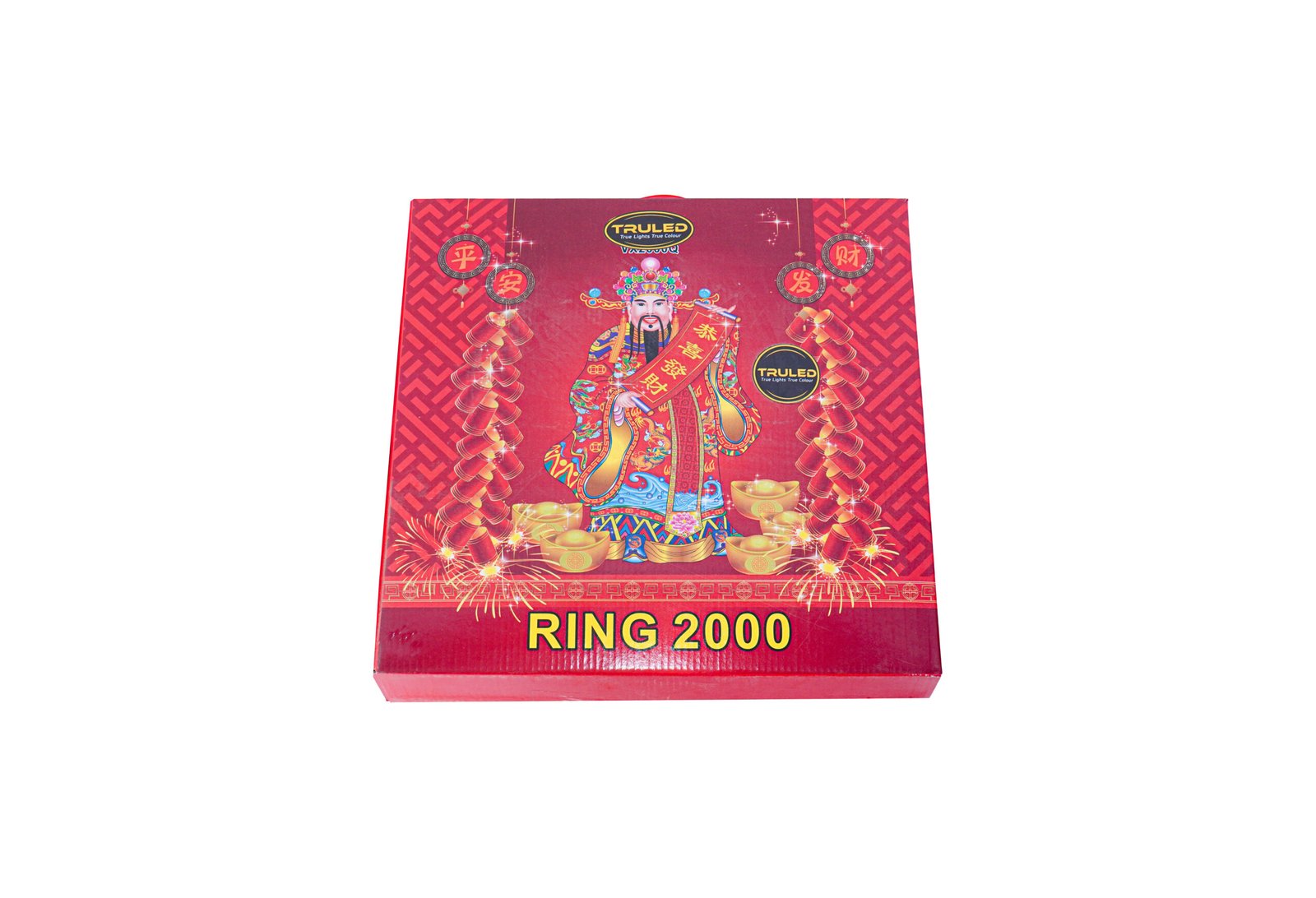 Red Chinese New Year gift box featuring a deity illustration, gold ingots, and the label 'RING 2000' at the bottom, TruLED branding nearby
