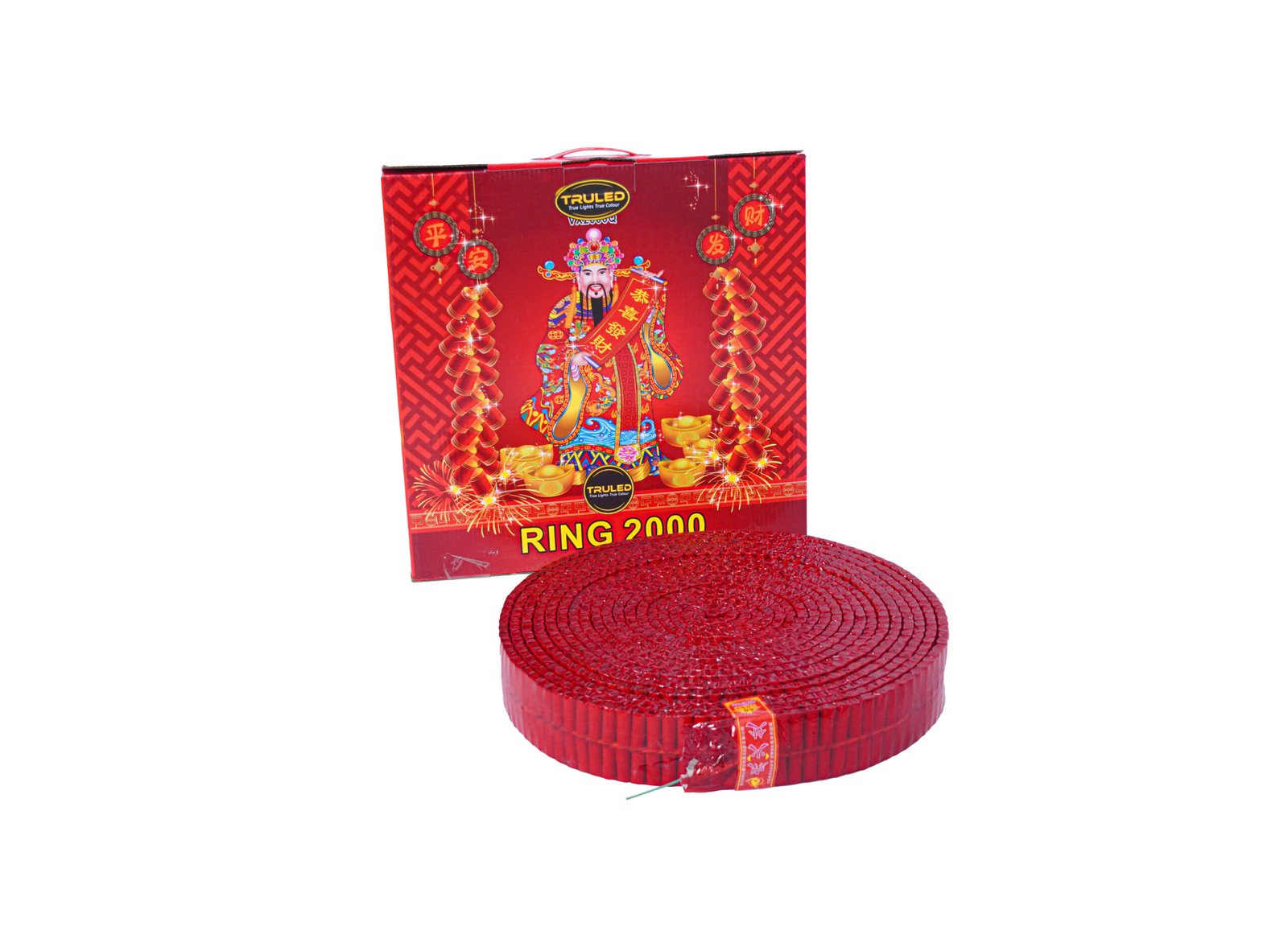 Red Chinese New Year gift box with a decorated deity and gold ingots, in front of a circular red firecracker coil.
