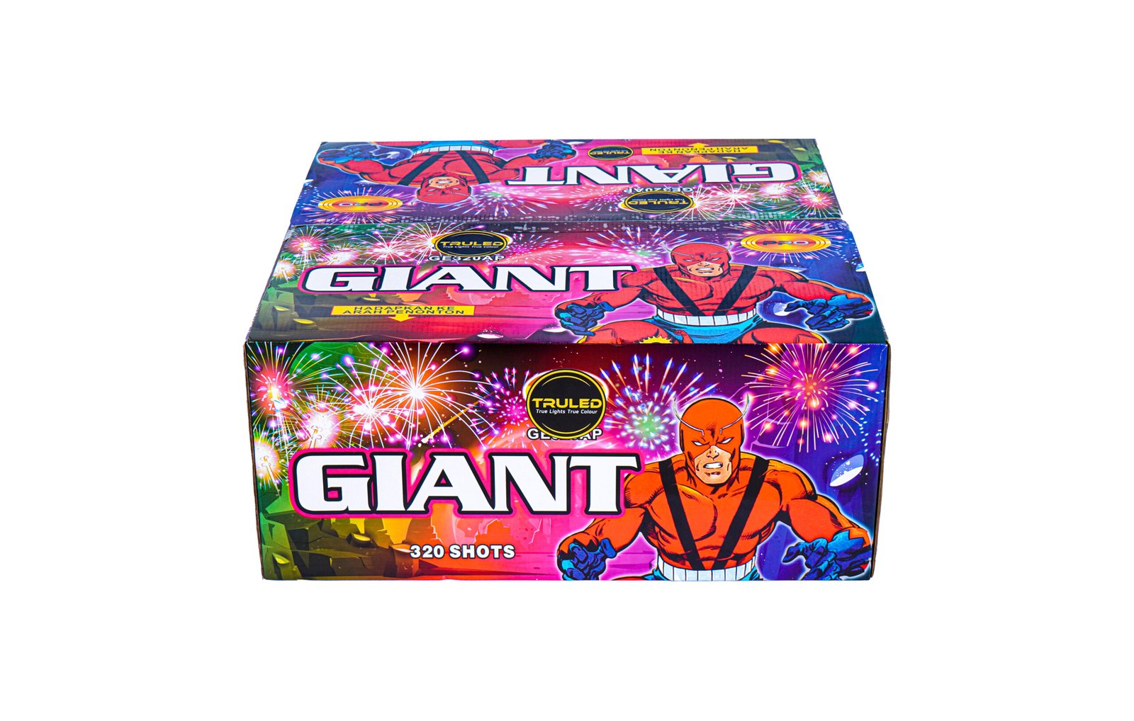 Colorful GIANT fireworks box with a muscular cartoon character and fireworks graphics, labeled 320 SHOTS on the front.