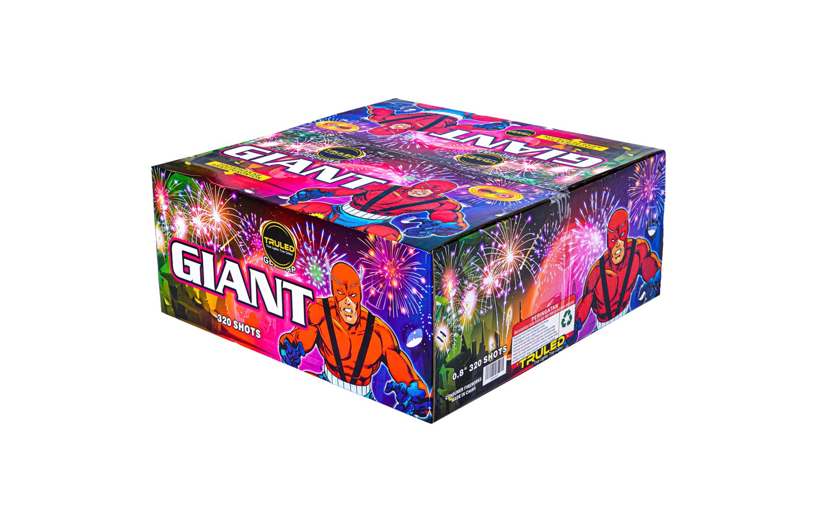 Colorful fireworks box with comic-style graphics and the word GIANT on the side