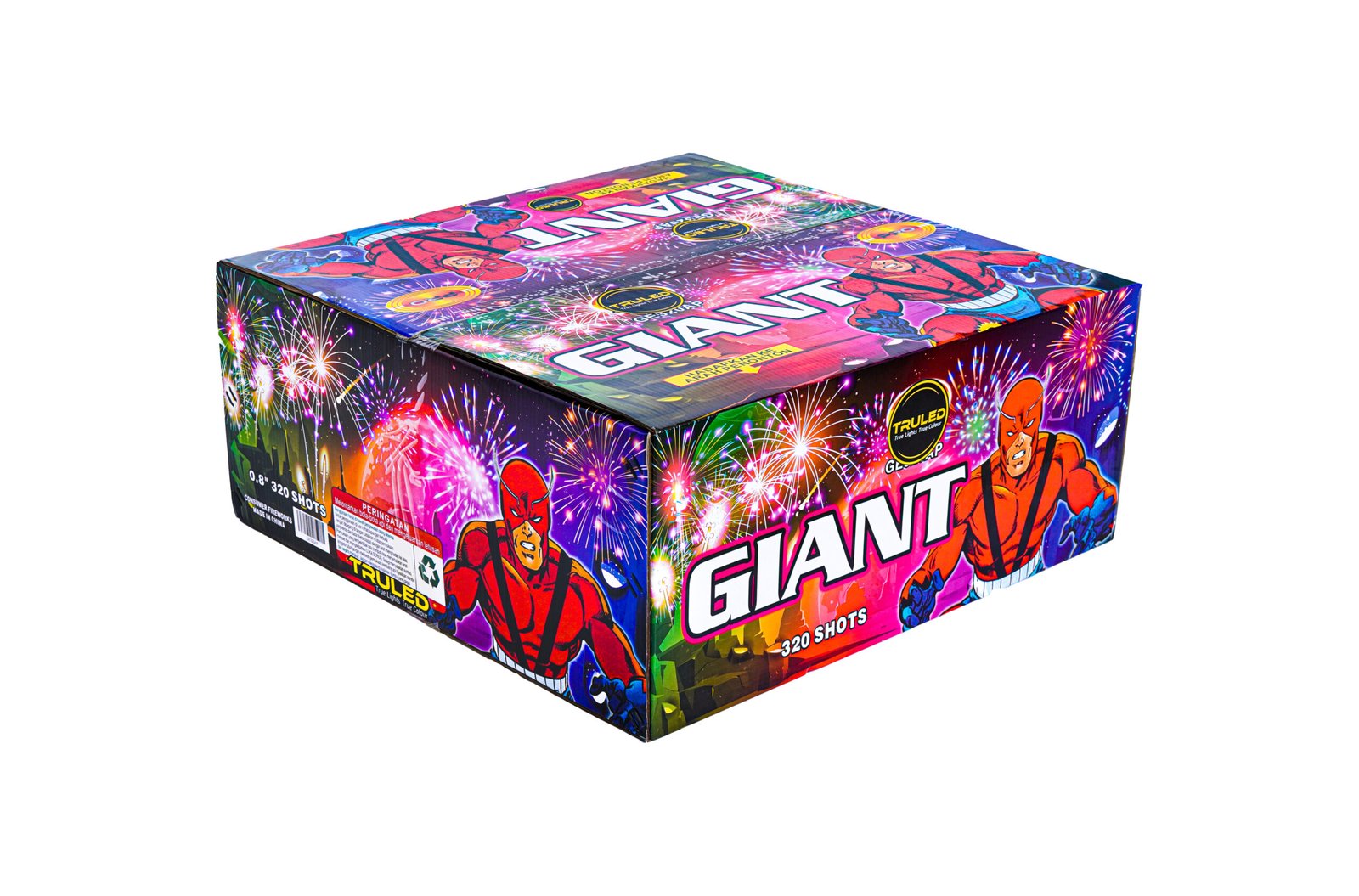 Colorful fireworks box featuring superhero graphics and the word 'GIANT' prominently on the lid, 320 shots listed on the side panels